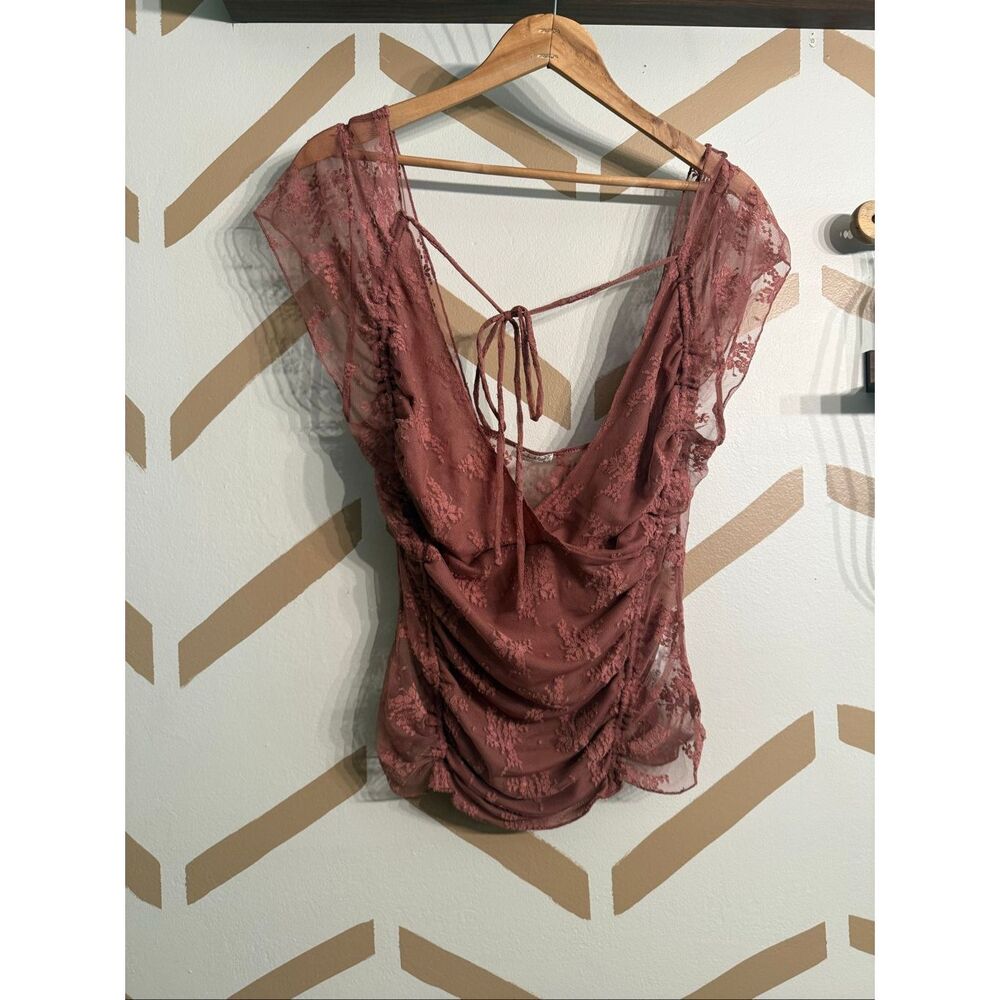 Free People Dusty Rose V-Neck Ruched Sheer Mesh Floral Lace In Love Cami Top XL